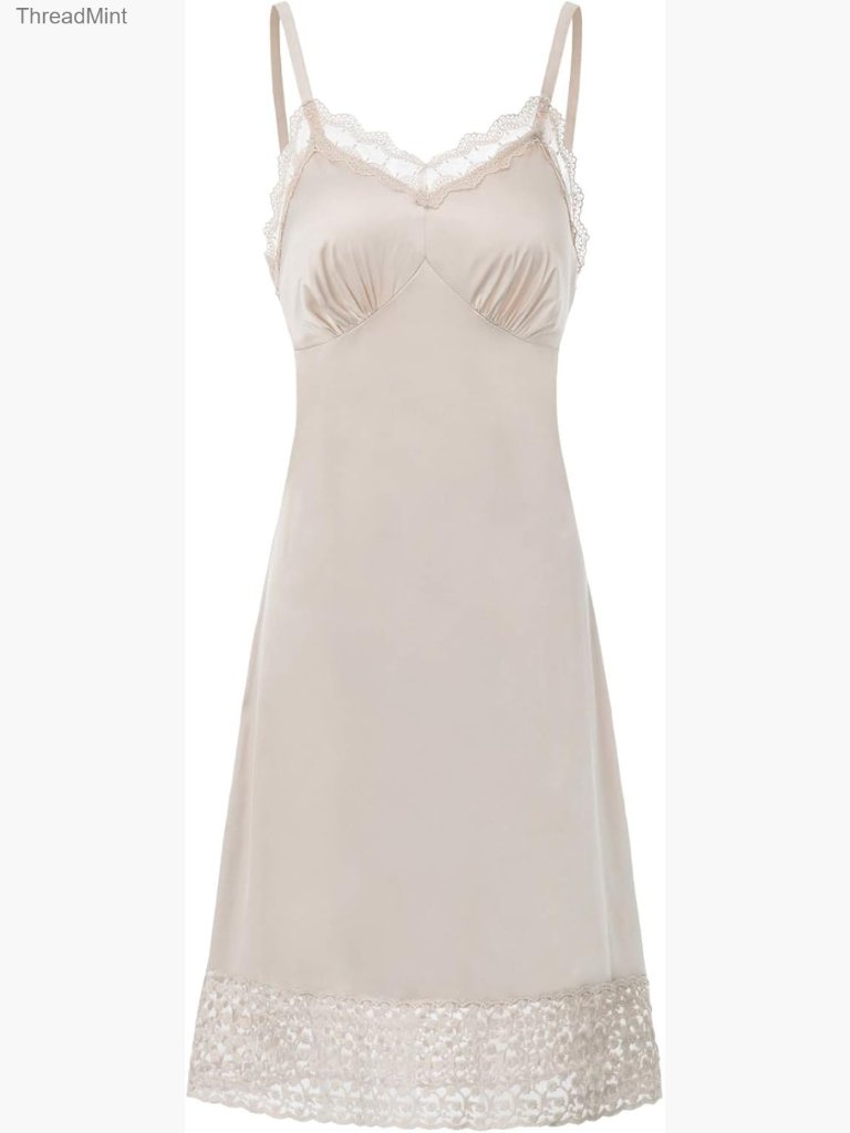 Full Slip Under Dress Adjustable Spaghetti Strap Lace Trim